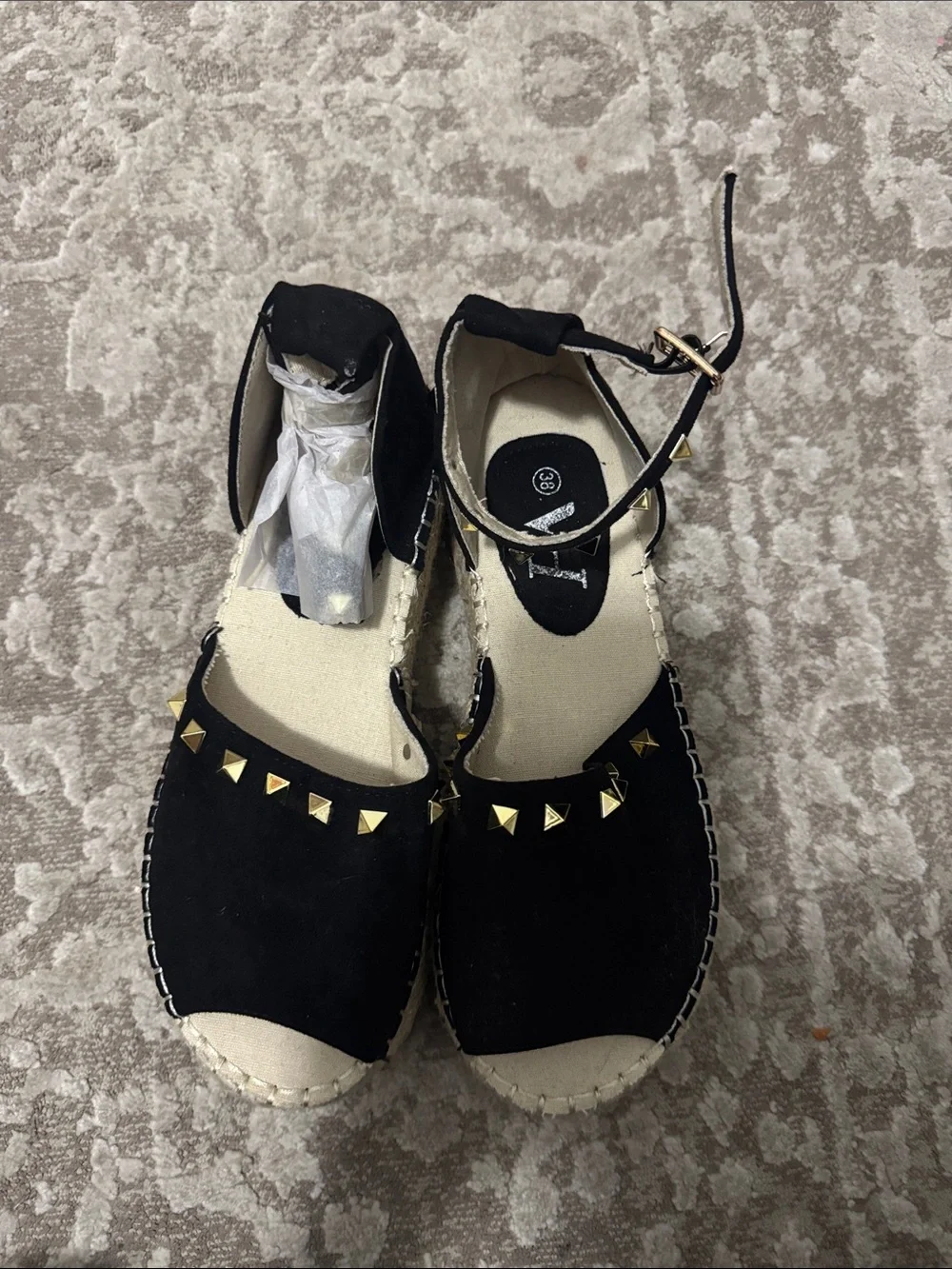 Black Studded Espadrille Wedge Sandals - Women